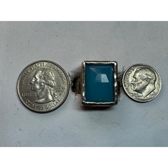 Estate Sterling Silver 925 Hammered Band Blue Rectangular Gemstone Ring Size 8 - Picture 6 of 8